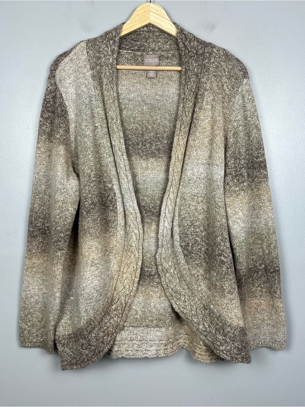 Chico’s cotton blend beige brown ombré stripe open front cardigan sweater, XL.